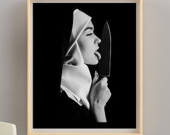 Nun print | Wall poster | Contemporary art | art photography | digital download| seductive nun |licking a knife|instant artwork|gallery wall