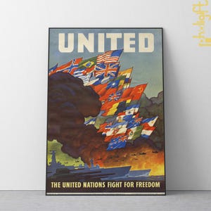 1943 World War II United Nations Propaganda Poster - Fight for Freedom, Vintage American WW2 Political War Art, Declaration of the UN