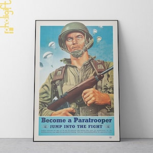 WWII Become a Paratrooper Poster, Steele Savage Recruitment Print, Vintage Military War, Historical Airborne Propaganda, Retro Army Decor