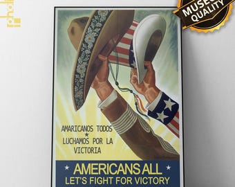 Vintage WWII Propaganda Poster, Americans All, Patriotic Wall Art