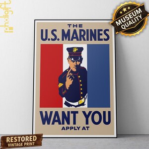 May include: A vintage-style recruitment poster featuring a U.S. Marine in a dark blue uniform with a cap, pointing forward. The background displays red, white, and blue vertical stripes. Text reads THE U.S. MARINES WANT YOU APPLY AT.