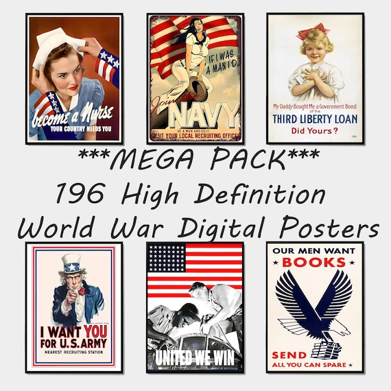 Vintage World War Propaganda Poster Set, High Resolution Prints