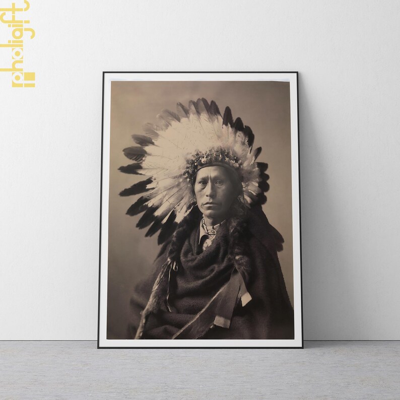 May include: Sepia-toned framed print of a Native American man wearing a feathered headdress and a dark shawl. The portrait is a historical image, capturing the subject's serious expression and traditional attire. The print is displayed on a white wall.
