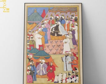 May include: A colorful illustration depicting a scene from a historical event. The image features a group of people in traditional clothing, gathered around a central figure seated on a throne. The scene is set in a tent with a patterned rug and a blue and white canopy. The illustration is painted in a vibrant style with detailed figures and intricate patterns.