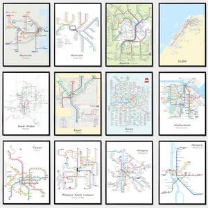 May include: A collage of 12 subway maps from different cities around the world, including Sydney, Vienna, Riyadh, Cairo, Moscow, Amsterdam, Taipei, Kuala Lumpur, Budapest, and Dubai. Each map is framed in a black frame and has a white background.