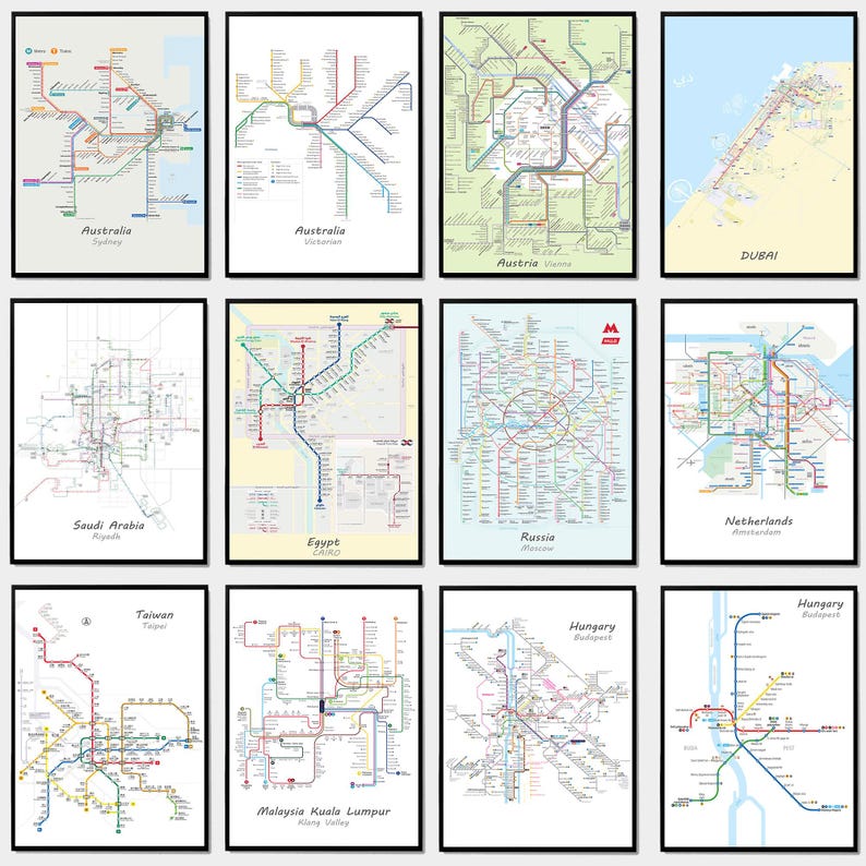 May include: A collage of 12 subway maps from different cities around the world, including Sydney, Vienna, Riyadh, Cairo, Moscow, Amsterdam, Taipei, Kuala Lumpur, Budapest, and Dubai. Each map is framed in a black frame and has a white background.