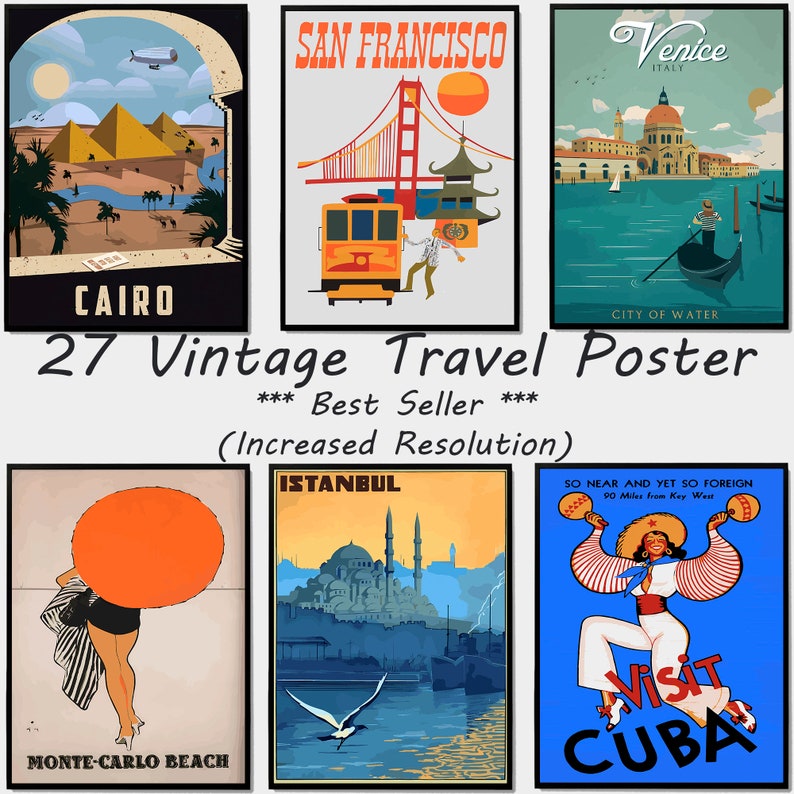 27 Retro Travel Poster Bundle, Vintage Eclectic Wall Art (JPEG) - Etsy