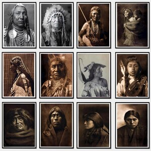 May include: A collection of sepia-toned portraits of Native American people. The images showcase individuals in traditional attire, including headdresses, necklaces, and other adornments. The portraits are framed and displayed in a grid arrangement.