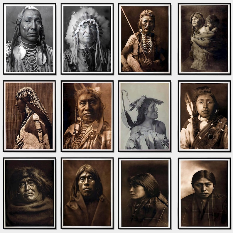 May include: A collection of sepia-toned portraits of Native American people. The images showcase individuals in traditional attire, including headdresses, necklaces, and other adornments. The portraits are framed and displayed in a grid arrangement.