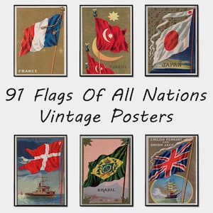 Pacote com 91 Bandeiras Vintage Internacionais, Pacote com Estampas Históricas de Bandeiras Mundiais, Coleção de Estampas de Bandeiras Nacionais, Pacote de Presentes Antigos para Imprimir