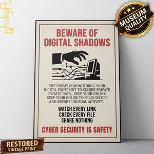 May include: A rectangular poster with a cream background and black border featuring the text BEWARE OF DIGITAL SHADOWS in red. A black silhouette of a hand reaches toward a computer monitor with digital lines. Additional text warns about data security.