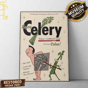 Vintage Celery Poster Funny Kitchen Wall Art Retro Vegetable Humor