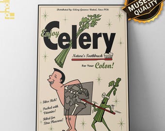 Vintage Celery Poster Funny Kitchen Wall Art Retro Vegetable Humor