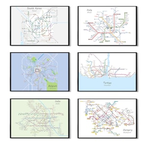 May include: A set of six subway maps from different cities around the world. The maps are printed on white paper and framed in black frames. The cities featured are Seoul, South Korea; Milan, Italy; Brussels, Belgium; Istanbul, Turkey; Delhi, India; and Budapest, Hungary.