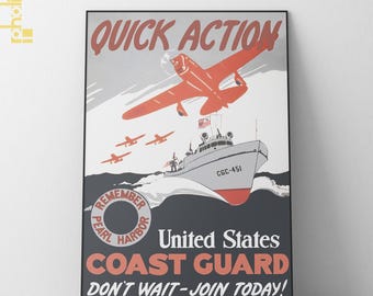 WWII Coast Guard Recruitment Poster, Vintage War Propaganda Art