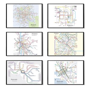 May include: A set of 6 subway maps, each featuring a different city: Brussels, Budapest, Paris, Melbourne, Victoria, and a map of the Melbourne metro area. The maps are printed in black and white with colored lines representing the subway lines.