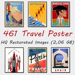 Paquete de 461 pósteres de viajes retro, decoración de pared vintage de verano, descarga digital imprimible, arte vintage colorido de viajes por el mundo