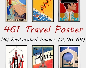 Puede incluir: Una colección de seis pósters de viaje vintage que presentan destinos como Montecarlo, Australia, Barcelona, París y España. Los pósters están en un estilo retro con colores llamativos y diseños gráficos.