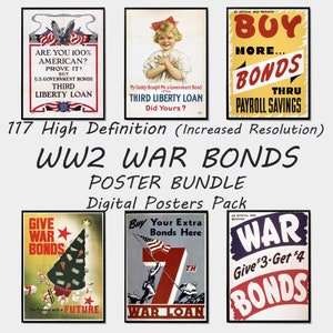 May include: A set of 6 vintage World War II era propaganda posters encouraging the purchase of war bonds. The posters feature red, white, and blue colors with bold text and imagery. The posters include text such as "Give War Bonds", "Buy More Bonds", and "War Loan".