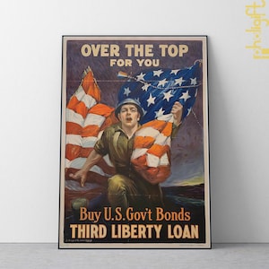 Vintage War Propaganda Artwork, World War One Liberty Loan Poster Clutching American Flag, Historic US Government Bond Promotion