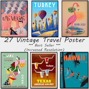 27 pósteres de viaje retro, paquete de pósteres de vacaciones, póster de pared de viaje vintage, decoración de pared de verano imprimible, arte de pared ecléctico vintage colorido