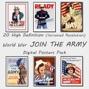 May include: A set of 20 digital posters featuring World War II era recruitment posters for the U.S. Army, Navy, Marines, and Women's Army Corps. The posters feature patriotic imagery and text encouraging people to join the military.