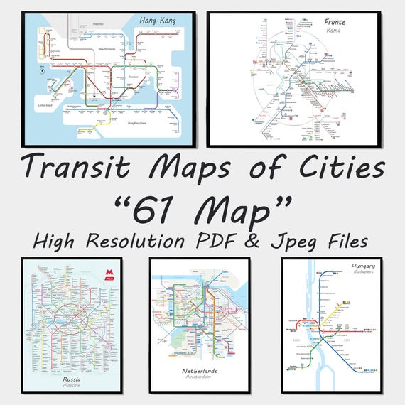 61 Transit Maps Of Cities, Metro System Subway Poster, Mass Transit Map Print, Printable Train Railroad, City Map Wall Art Print, Bus Tram