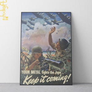 WWII Propaganda Poster, Your Metal Fights the Japs Print, Vintage War Effort Artwork, Historical Military Wall Art, Retro Patriotic Decor