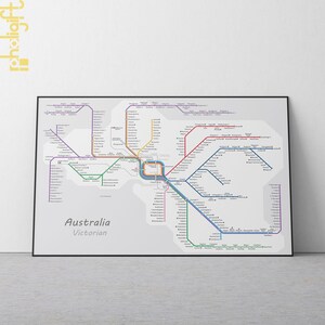 May include: A detailed map of the Melbourne, Australia train system. The map shows the different train lines and stations. The map is printed on a white background with black lines and text.