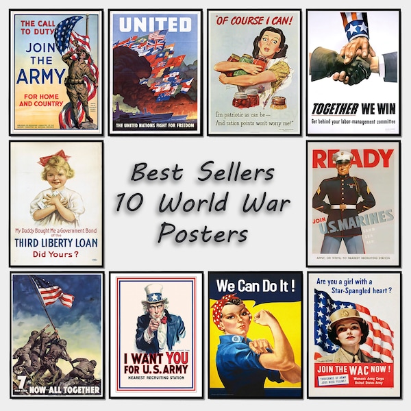 10 Best Seller World War Propaganda Poster , WW1 & WW2 Propaganda Posters, Increased Resolution Printable Wall Poster, Protest Posters Pack