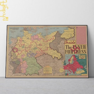May include: A vintage map showing the borders of Germany and areas occupied by Germany during World War II. The map is titled "Inside The Inner Fortress".