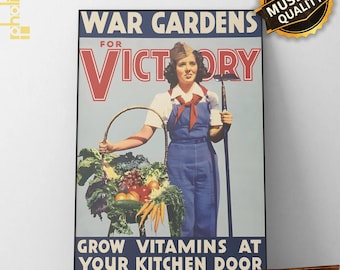 Póster de War Gardens for Victory, lámina vintage de huerto, propaganda gastronómica retro