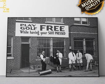 Vintage Black and White 'Play Golf Free' Matte Poster | Horizontal Wall Art
