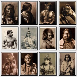 May include: A collection of sepia-toned portraits of Native American individuals. The images showcase diverse attire, including feathered headdresses, beaded necklaces, and traditional clothing. Each portrait captures the subjects' expressions and cultural details.