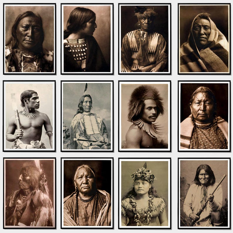 May include: A collection of sepia-toned portraits of Native American individuals. The images showcase diverse attire, including feathered headdresses, beaded necklaces, and traditional clothing. Each portrait captures the subjects' expressions and cultural details.