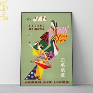 Vintage Japan Airlines Travel Poster - Geisha Artwork for Asian Home Decor - Japanese Wall Art Canvas Wrap - Okinawa Souvenir Print