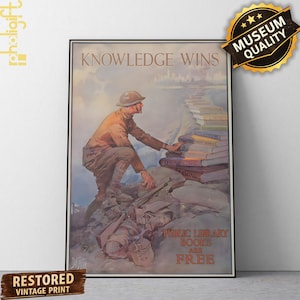Restored Vintage WWII Propaganda Print, Knowledge Wins Poster, Historical Reading Art