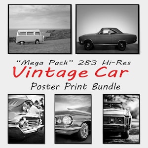 Encanto atemporal, póster fotográfico de coches retro en blanco y negro de 283 piezas, el sueño de los amantes de los coches clásicos, impresión de arte de pared vintage, descarga instantánea