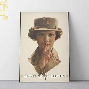Silence Means Security WWII Poster - Vintage Military Propaganda Wall Art - Retro Woman Soldier Print for War History Decor