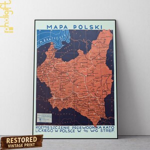 May include: Vintage map of Poland, featuring a detailed geographical representation in shades of orange and blue. The map includes text in Polish, with the title "MAPA POLSKI" at the top. The bottom of the map reads "ROZMIESZCZENIE PRZEWODNIKA KATO LICKIEGO W POLSCE W % W/G STREF."