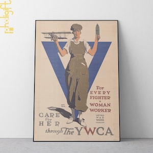 For Every Fighter a Woman Worker Poster, Vintage YWCA WWII Propaganda Print, Women in War Effort Art, Historical Feminist Recruitment