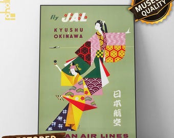 Vintage Japan Airlines Poster – Geisha, Okinawa Travel Art - Etsy
