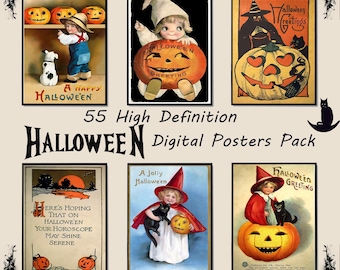 May include: A set of 55 vintage Halloween digital posters featuring illustrations of children, pumpkins, cats, and bats. The posters have a retro aesthetic and include text such as "A Happy Halloween", "Halloween Greetings", and "A Jolly Halloween".