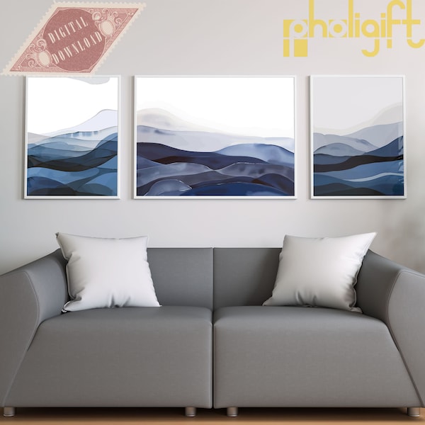 3 Blue Abstract Wall Art Bundle, Minimalist mountain Printable Bedroom Poster, Minimalistic Extra Large Art Decor, Digital Wall Art Download