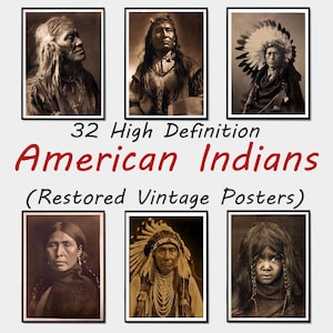 Könnte beinhalten: Sechs gerahmte Vintage-Poster mit Sepia-Porträts von amerikanischen Ureinwohnern. Die Poster sind in zwei Dreierreihen angeordnet, mit dem Text "32 High Definition American Indians (Restored Vintage Posters)" in der Mitte.