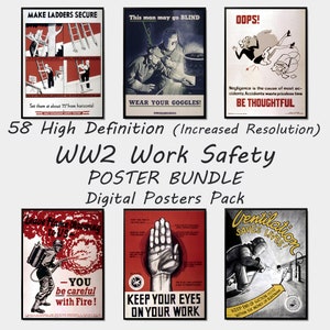 May include: A set of 6 vintage World War II era work safety posters. The posters feature illustrations and text about safety in the workplace. The posters are in red, white, and black.