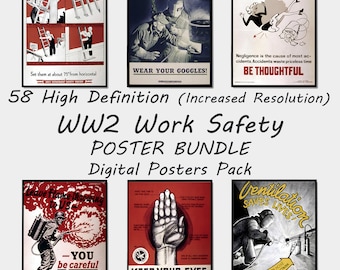58 HQ vintage werkveiligheid posterbundel, afdrukbare jaren 1940 wereldoorlog beroepsgezondheid kunst aan de muur posters, verhoogde resolutie WW2 prints