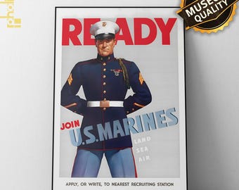 Vintage WWII Ready Join US Marines Enlistment Poster – Historic Propaganda Wall Art