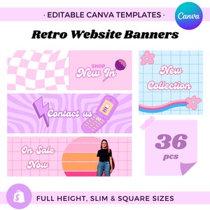 Retro Shopify Banner Templates for Canva, Pink Groovy Website Banner Design Template, Desktop and Mobile Banners, Fun Pastel Hippie Store
