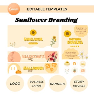 Gele Shopify-bannerbrandingbundel, bewerkbare banners voor visitekaartjes Logo-ontwerp zonnebloem, websitesjabloon, schattige pastelkleurige online winkelkit